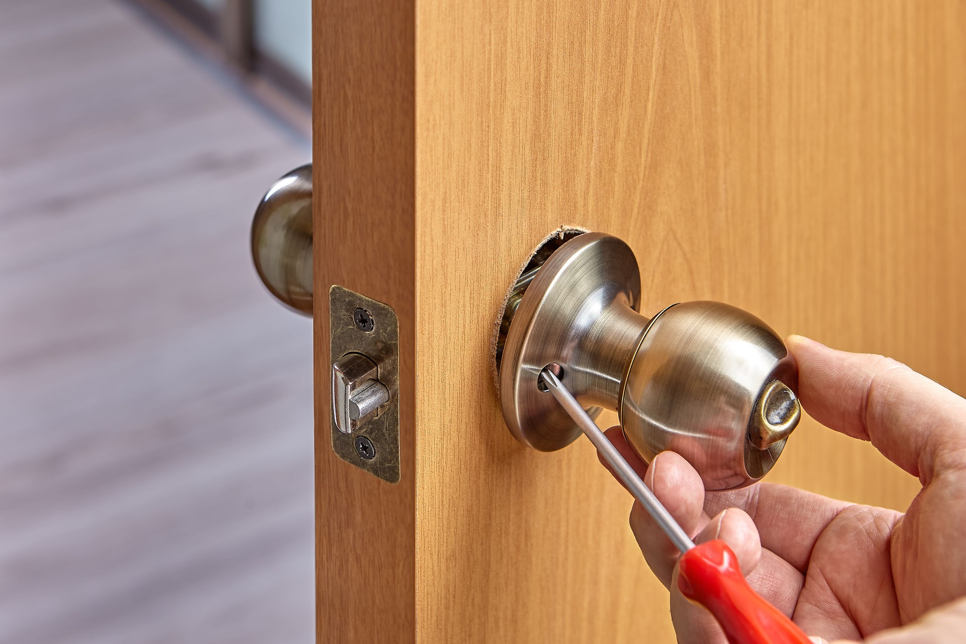 Assemblaggio di serratura con maniglie e fermo per una porta interna.